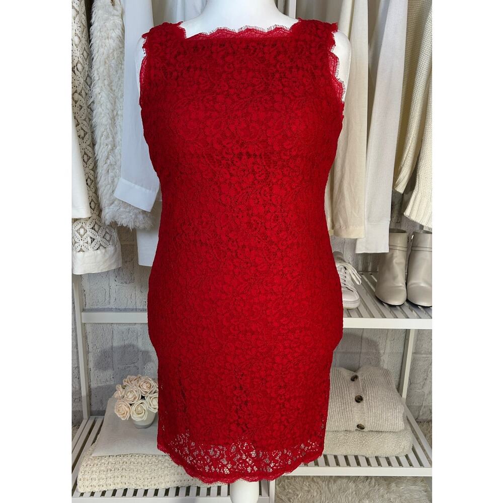 Adrianna Papell Women’s Sz 12 Red Lace Full Back Zip Sheath Dress #0516
